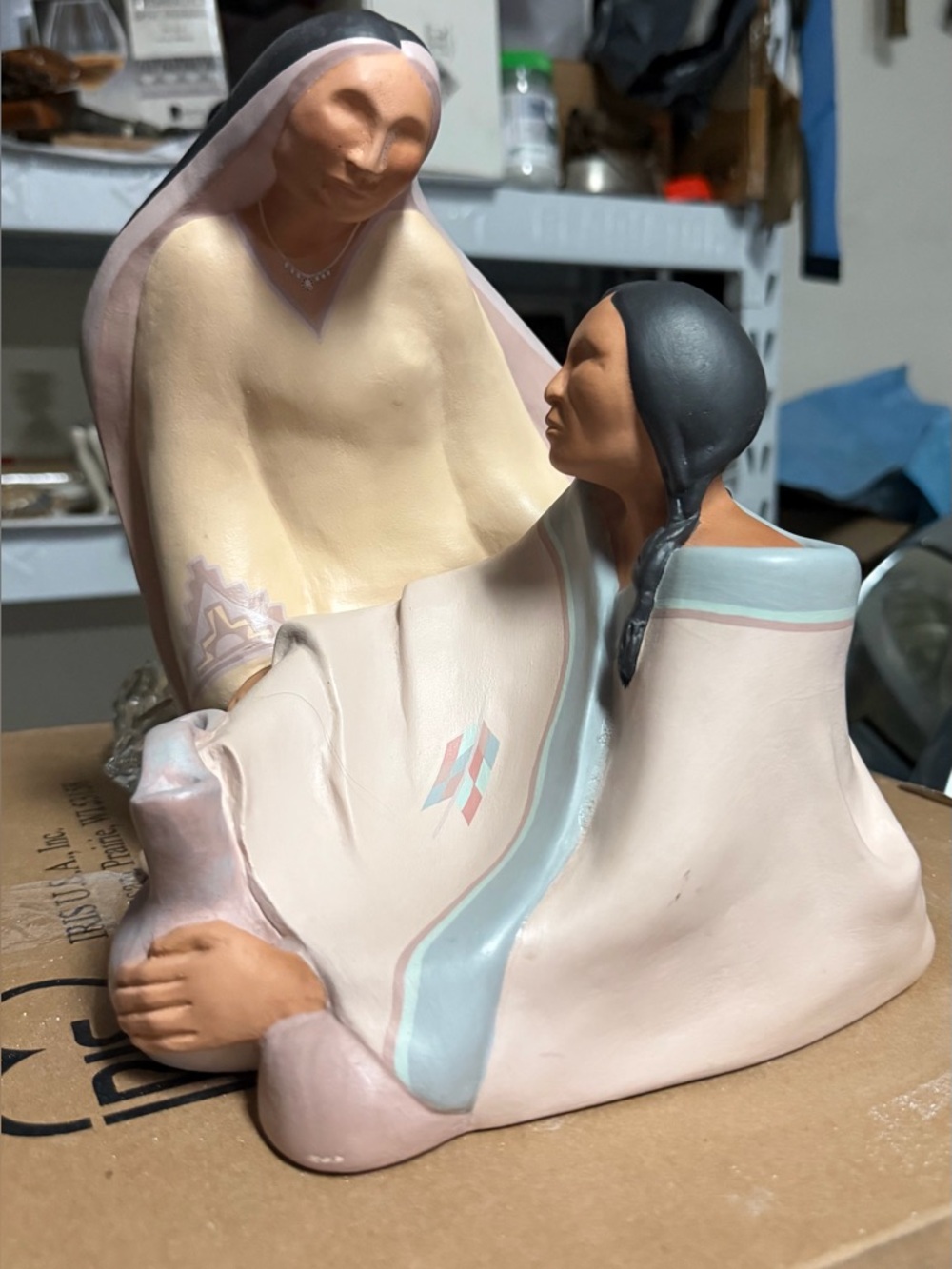 “Devotion” Hand-Painted Native Mother and Child Ceramic Sculpture - Pink & Cream
